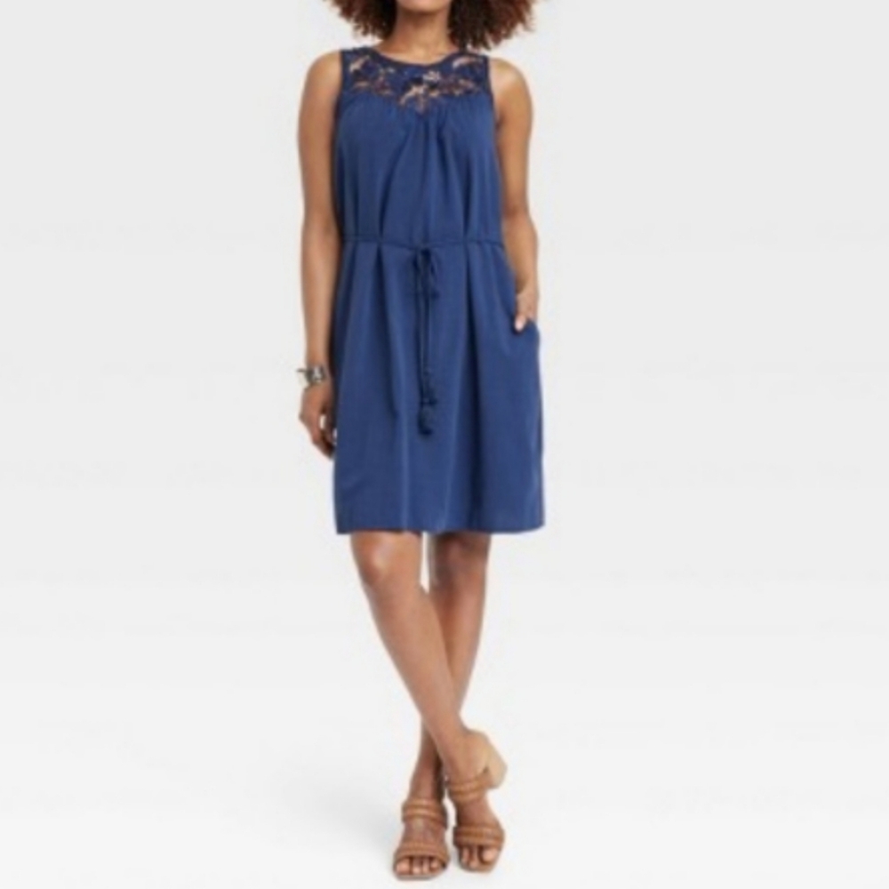Knox Rose Navy Blue Sleeveless Lace Neckline Belted Dress Sz 2X NWT